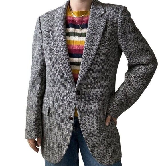 Vintage Harris Tweed Black Chevron Wool Woven in Scotland Sports Coat 40L - Picture 1 of 10